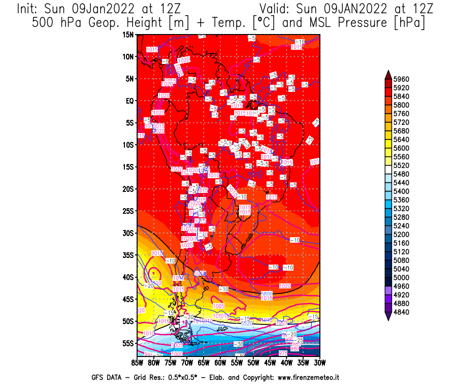 Mappa di analisi GFS - Geopotenziale [m] + Temp. [°C] a 500 hPa + Press. a livello del mare [hPa] in Sud-America
							del 09/01/2022 12 <!--googleoff: index-->UTC<!--googleon: index-->