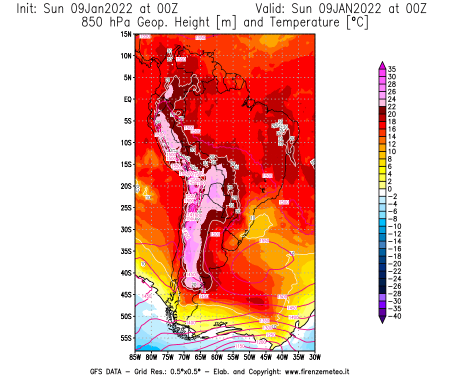 Mappa di analisi GFS - Geopotenziale [m] e Temperatura [°C] a 850 hPa in Sud-America
							del 09/01/2022 00 <!--googleoff: index-->UTC<!--googleon: index-->