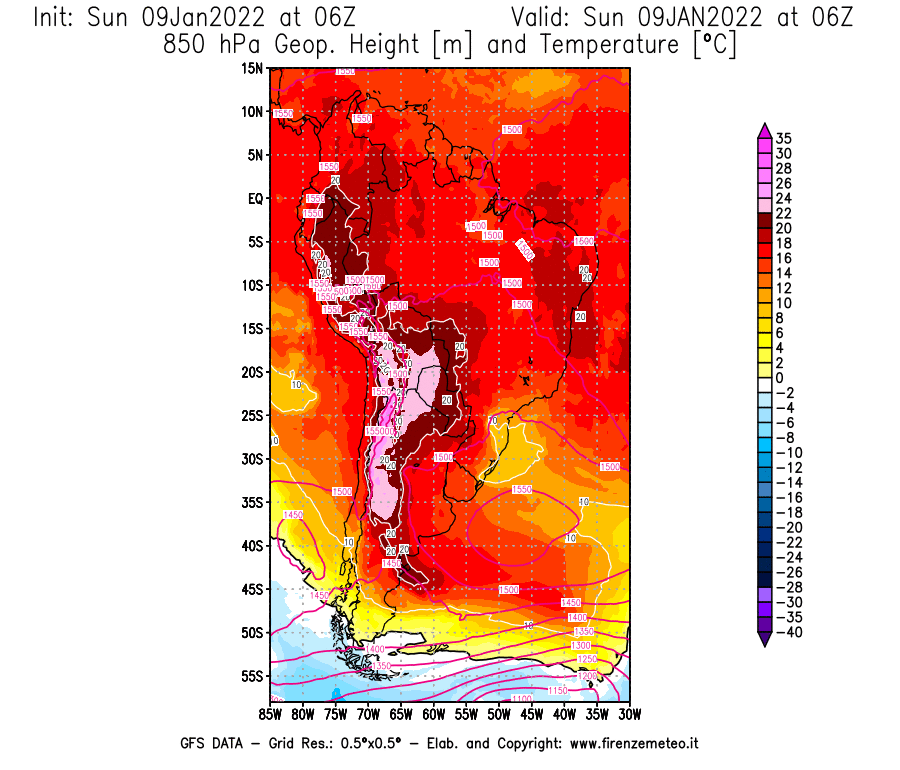 Mappa di analisi GFS - Geopotenziale [m] e Temperatura [°C] a 850 hPa in Sud-America
							del 09/01/2022 06 <!--googleoff: index-->UTC<!--googleon: index-->