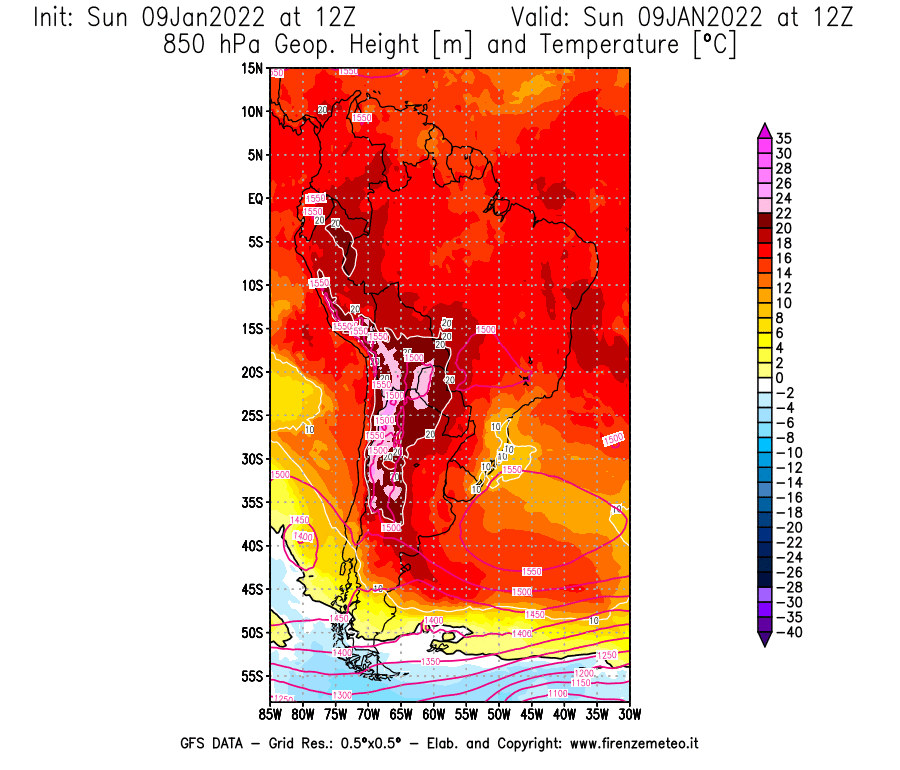 Mappa di analisi GFS - Geopotenziale [m] e Temperatura [°C] a 850 hPa in Sud-America
							del 09/01/2022 12 <!--googleoff: index-->UTC<!--googleon: index-->