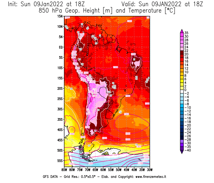 Mappa di analisi GFS - Geopotenziale [m] e Temperatura [°C] a 850 hPa in Sud-America
							del 09/01/2022 18 <!--googleoff: index-->UTC<!--googleon: index-->