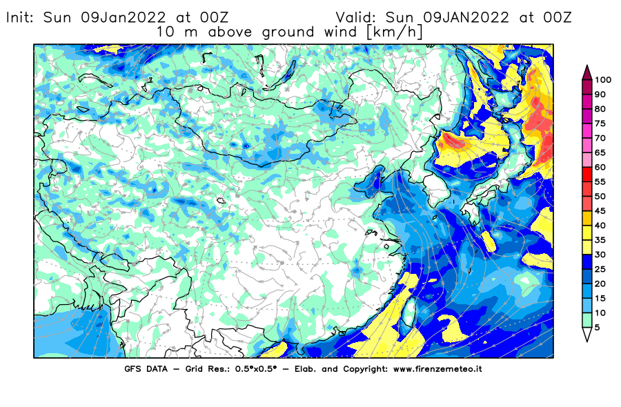 Mappa di analisi GFS - Velocità del vento a 10 metri dal suolo [km/h] in Asia Orientale
							del 09/01/2022 00 <!--googleoff: index-->UTC<!--googleon: index-->