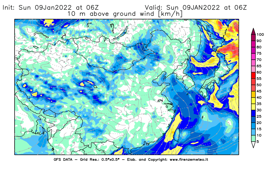 Mappa di analisi GFS - Velocità del vento a 10 metri dal suolo [km/h] in Asia Orientale
							del 09/01/2022 06 <!--googleoff: index-->UTC<!--googleon: index-->