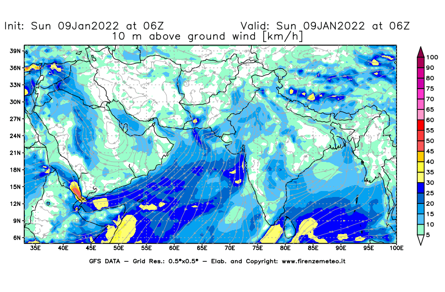 Mappa di analisi GFS - Velocità del vento a 10 metri dal suolo [km/h] in Asia Sud-Occidentale
							del 09/01/2022 06 <!--googleoff: index-->UTC<!--googleon: index-->