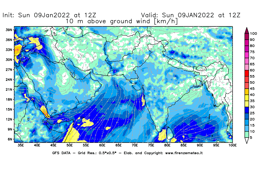 Mappa di analisi GFS - Velocità del vento a 10 metri dal suolo [km/h] in Asia Sud-Occidentale
							del 09/01/2022 12 <!--googleoff: index-->UTC<!--googleon: index-->