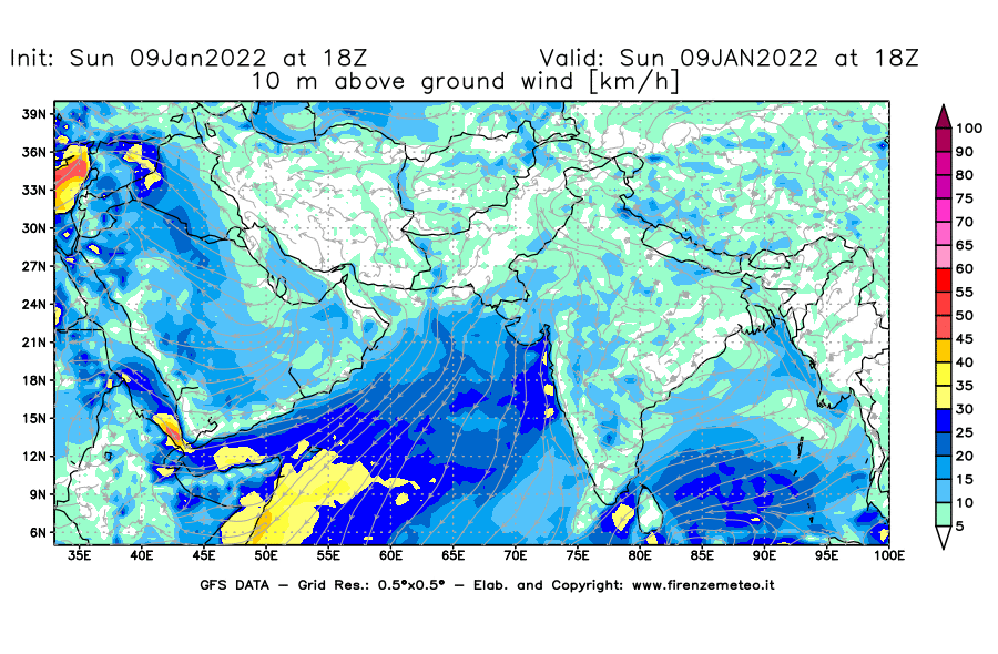 Mappa di analisi GFS - Velocità del vento a 10 metri dal suolo [km/h] in Asia Sud-Occidentale
							del 09/01/2022 18 <!--googleoff: index-->UTC<!--googleon: index-->