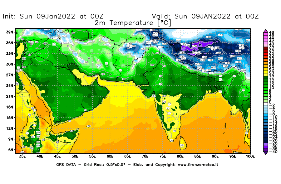 Mappa di analisi GFS - Temperatura a 2 metri dal suolo [°C] in Asia Sud-Occidentale
							del 09/01/2022 00 <!--googleoff: index-->UTC<!--googleon: index-->