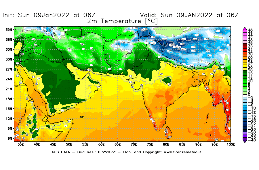 Mappa di analisi GFS - Temperatura a 2 metri dal suolo [°C] in Asia Sud-Occidentale
							del 09/01/2022 06 <!--googleoff: index-->UTC<!--googleon: index-->