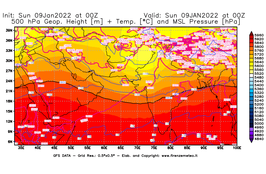 Mappa di analisi GFS - Geopotenziale [m] + Temp. [°C] a 500 hPa + Press. a livello del mare [hPa] in Asia Sud-Occidentale
							del 09/01/2022 00 <!--googleoff: index-->UTC<!--googleon: index-->