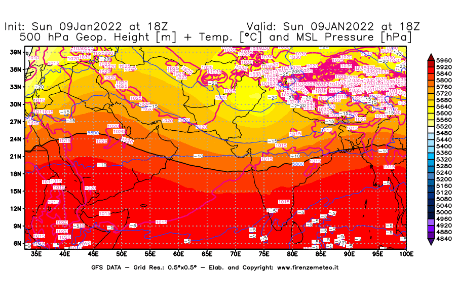 Mappa di analisi GFS - Geopotenziale [m] + Temp. [°C] a 500 hPa + Press. a livello del mare [hPa] in Asia Sud-Occidentale
							del 09/01/2022 18 <!--googleoff: index-->UTC<!--googleon: index-->