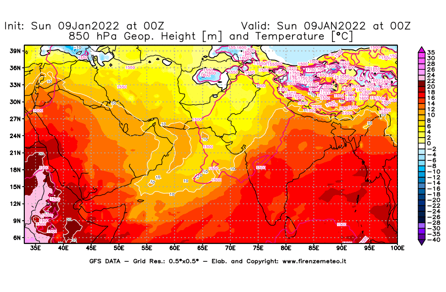 Mappa di analisi GFS - Geopotenziale [m] e Temperatura [°C] a 850 hPa in Asia Sud-Occidentale
							del 09/01/2022 00 <!--googleoff: index-->UTC<!--googleon: index-->