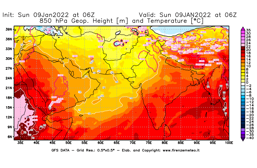 Mappa di analisi GFS - Geopotenziale [m] e Temperatura [°C] a 850 hPa in Asia Sud-Occidentale
							del 09/01/2022 06 <!--googleoff: index-->UTC<!--googleon: index-->