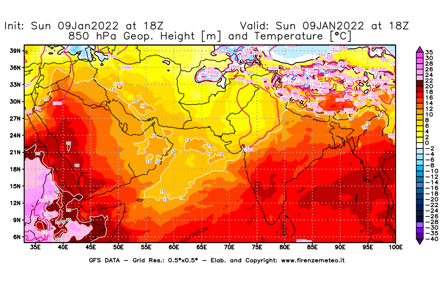 Mappa di analisi GFS - Geopotenziale [m] e Temperatura [°C] a 850 hPa in Asia Sud-Occidentale
							del 09/01/2022 18 <!--googleoff: index-->UTC<!--googleon: index-->