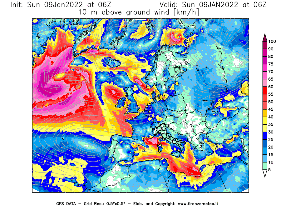 Mappa di analisi GFS - Velocità del vento a 10 metri dal suolo [km/h] in Europa
							del 09/01/2022 06 <!--googleoff: index-->UTC<!--googleon: index-->
