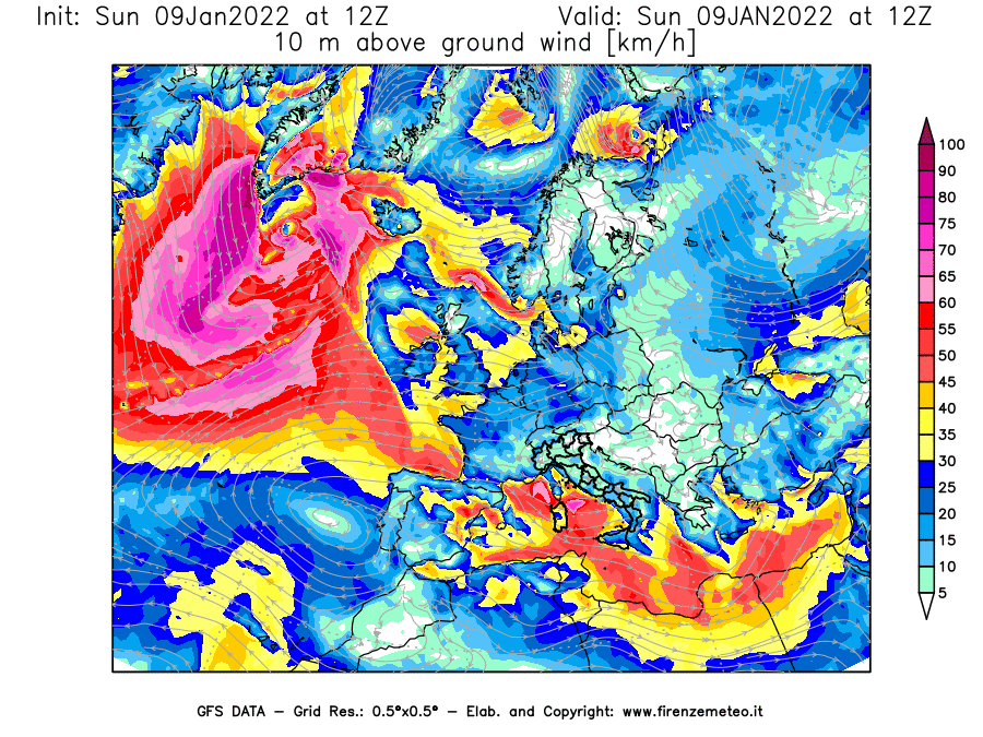Mappa di analisi GFS - Velocità del vento a 10 metri dal suolo [km/h] in Europa
							del 09/01/2022 12 <!--googleoff: index-->UTC<!--googleon: index-->