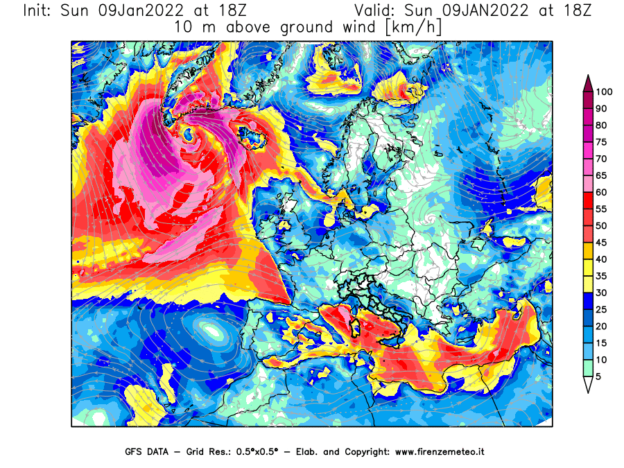 Mappa di analisi GFS - Velocità del vento a 10 metri dal suolo [km/h] in Europa
							del 09/01/2022 18 <!--googleoff: index-->UTC<!--googleon: index-->
