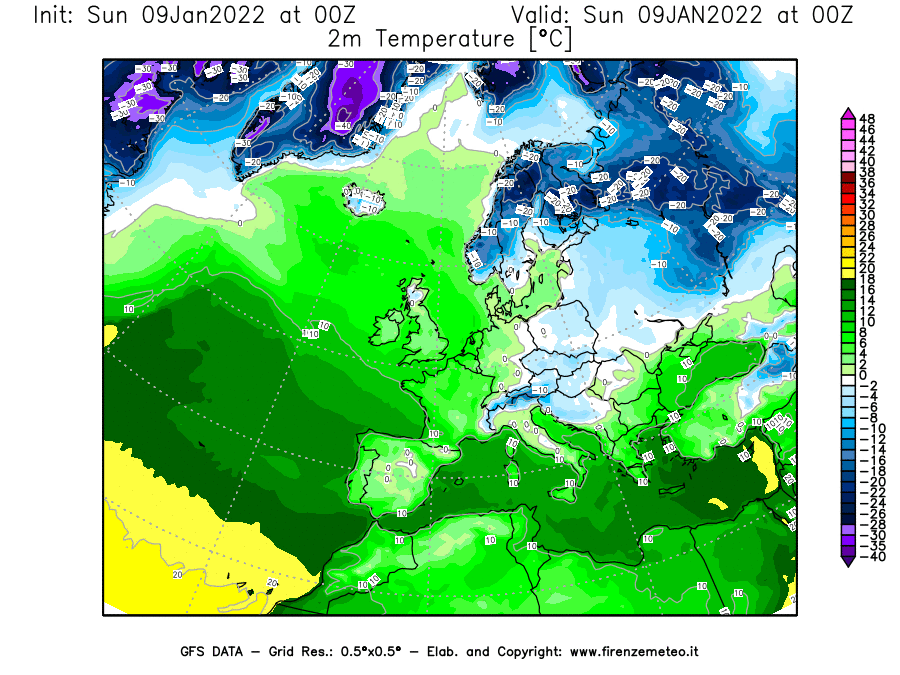 Mappa di analisi GFS - Temperatura a 2 metri dal suolo [°C] in Europa
							del 09/01/2022 00 <!--googleoff: index-->UTC<!--googleon: index-->
