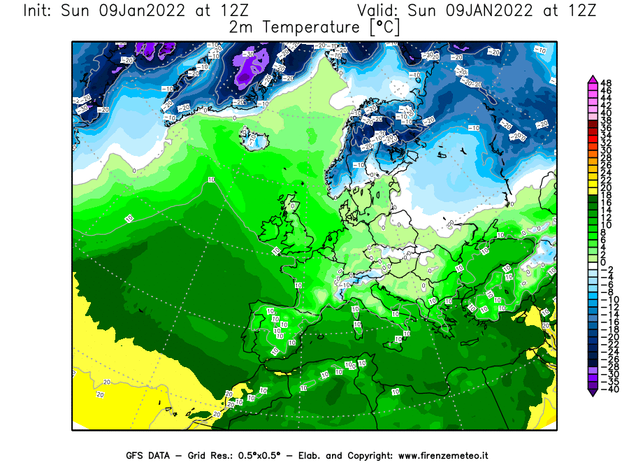Mappa di analisi GFS - Temperatura a 2 metri dal suolo [°C] in Europa
							del 09/01/2022 12 <!--googleoff: index-->UTC<!--googleon: index-->