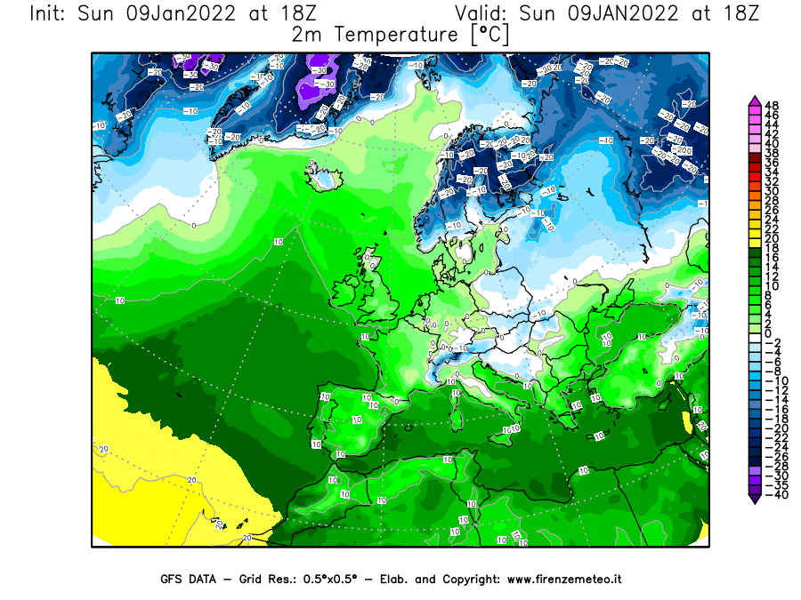 Mappa di analisi GFS - Temperatura a 2 metri dal suolo [°C] in Europa
							del 09/01/2022 18 <!--googleoff: index-->UTC<!--googleon: index-->