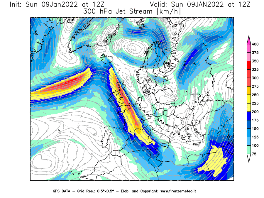 Mappa di analisi GFS - Jet Stream a 300 hPa in Europa
							del 09/01/2022 12 <!--googleoff: index-->UTC<!--googleon: index-->
