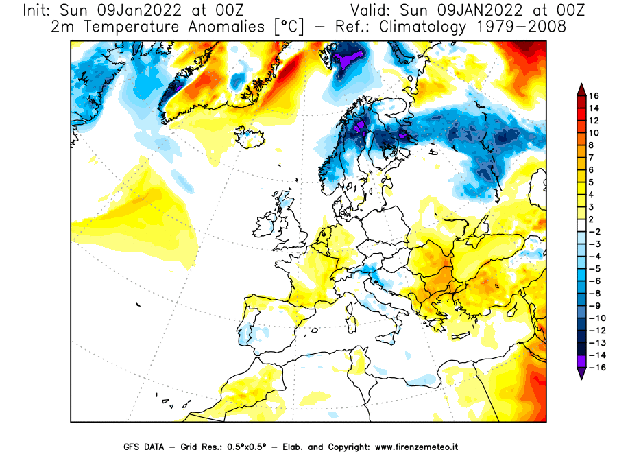 Mappa di analisi GFS - Anomalia Temperatura [°C] a 2 m in Europa
							del 09/01/2022 00 <!--googleoff: index-->UTC<!--googleon: index-->