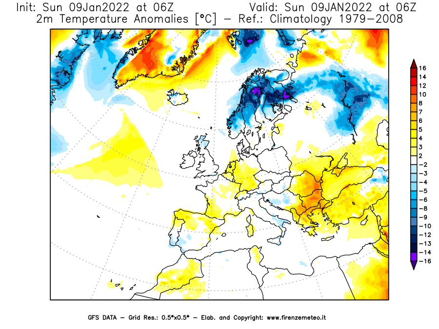 Mappa di analisi GFS - Anomalia Temperatura [°C] a 2 m in Europa
							del 09/01/2022 06 <!--googleoff: index-->UTC<!--googleon: index-->