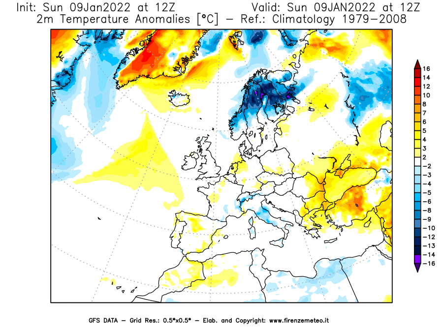 Mappa di analisi GFS - Anomalia Temperatura [°C] a 2 m in Europa
							del 09/01/2022 12 <!--googleoff: index-->UTC<!--googleon: index-->