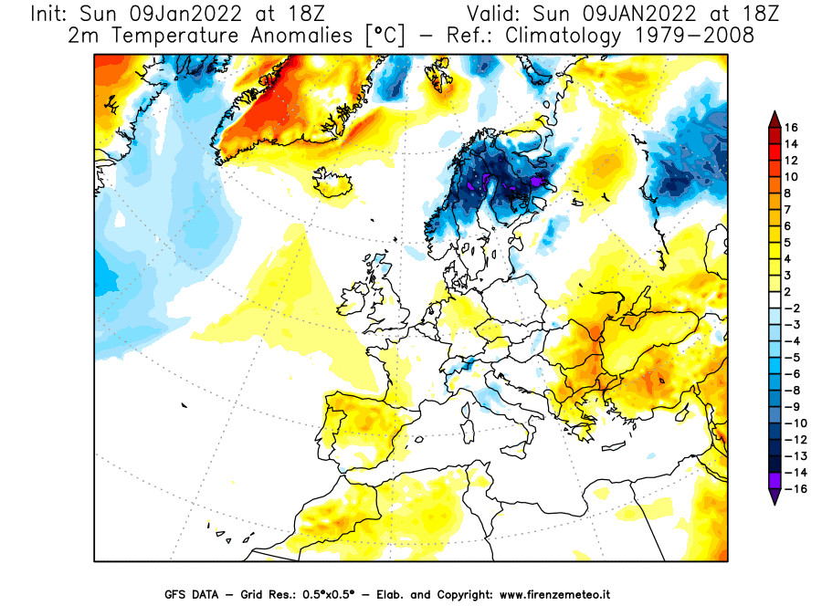 Mappa di analisi GFS - Anomalia Temperatura [°C] a 2 m in Europa
							del 09/01/2022 18 <!--googleoff: index-->UTC<!--googleon: index-->