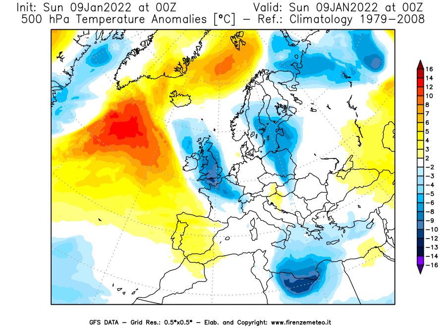 Mappa di analisi GFS - Anomalia Temperatura [°C] a 500 hPa in Europa
							del 09/01/2022 00 <!--googleoff: index-->UTC<!--googleon: index-->