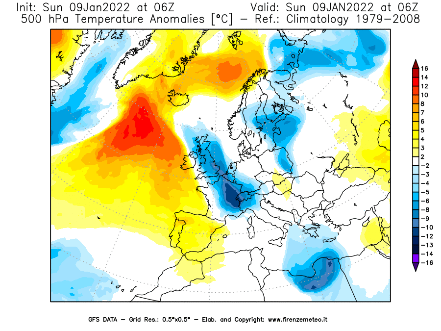 Mappa di analisi GFS - Anomalia Temperatura [°C] a 500 hPa in Europa
							del 09/01/2022 06 <!--googleoff: index-->UTC<!--googleon: index-->