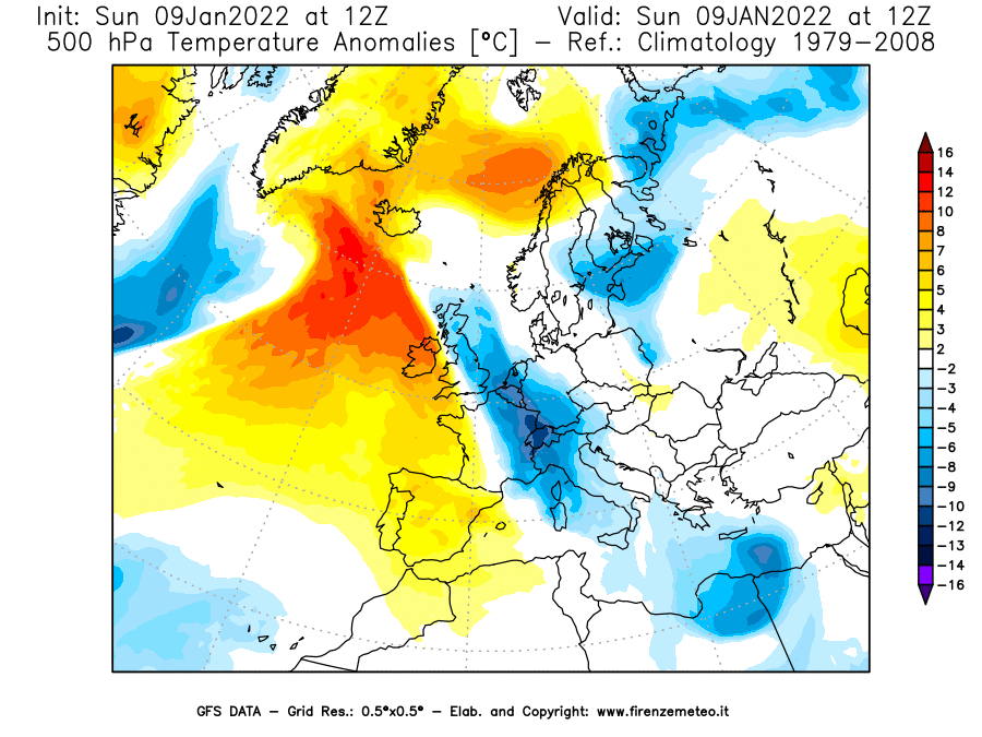 Mappa di analisi GFS - Anomalia Temperatura [°C] a 500 hPa in Europa
							del 09/01/2022 12 <!--googleoff: index-->UTC<!--googleon: index-->