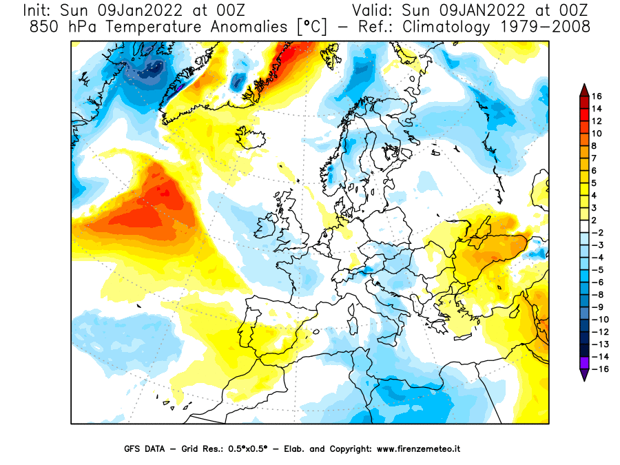 Mappa di analisi GFS - Anomalia Temperatura [°C] a 850 hPa in Europa
							del 09/01/2022 00 <!--googleoff: index-->UTC<!--googleon: index-->