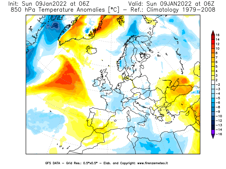 Mappa di analisi GFS - Anomalia Temperatura [°C] a 850 hPa in Europa
							del 09/01/2022 06 <!--googleoff: index-->UTC<!--googleon: index-->