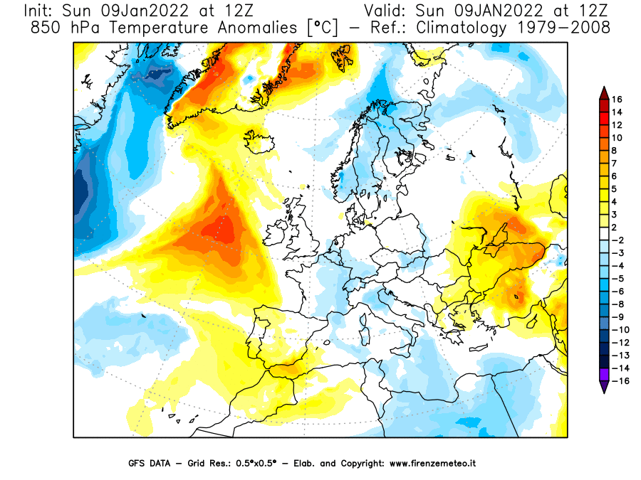 Mappa di analisi GFS - Anomalia Temperatura [°C] a 850 hPa in Europa
							del 09/01/2022 12 <!--googleoff: index-->UTC<!--googleon: index-->