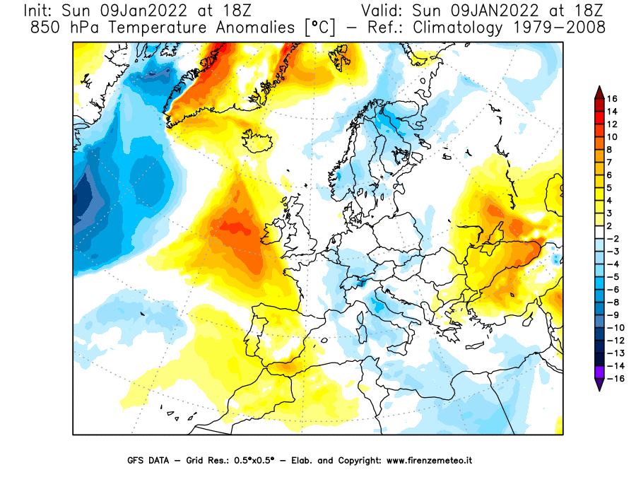 Mappa di analisi GFS - Anomalia Temperatura [°C] a 850 hPa in Europa
							del 09/01/2022 18 <!--googleoff: index-->UTC<!--googleon: index-->