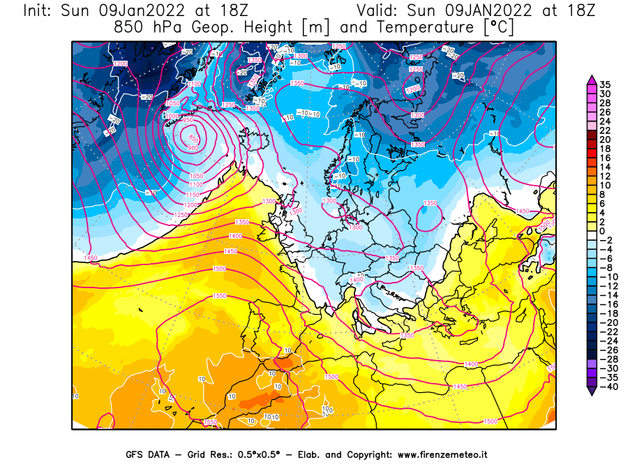 Mappa di analisi GFS - Geopotenziale [m] e Temperatura [°C] a 850 hPa in Europa
							del 09/01/2022 18 <!--googleoff: index-->UTC<!--googleon: index-->