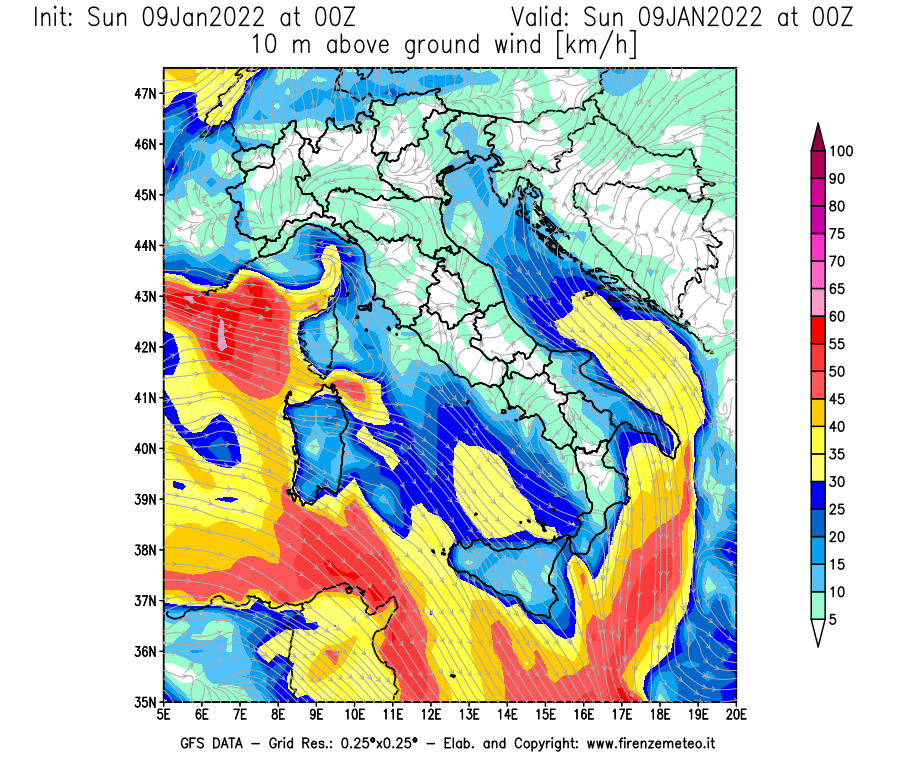 Mappa di analisi GFS - Velocità del vento a 10 metri dal suolo [km/h] in Italia
							del 09/01/2022 00 <!--googleoff: index-->UTC<!--googleon: index-->