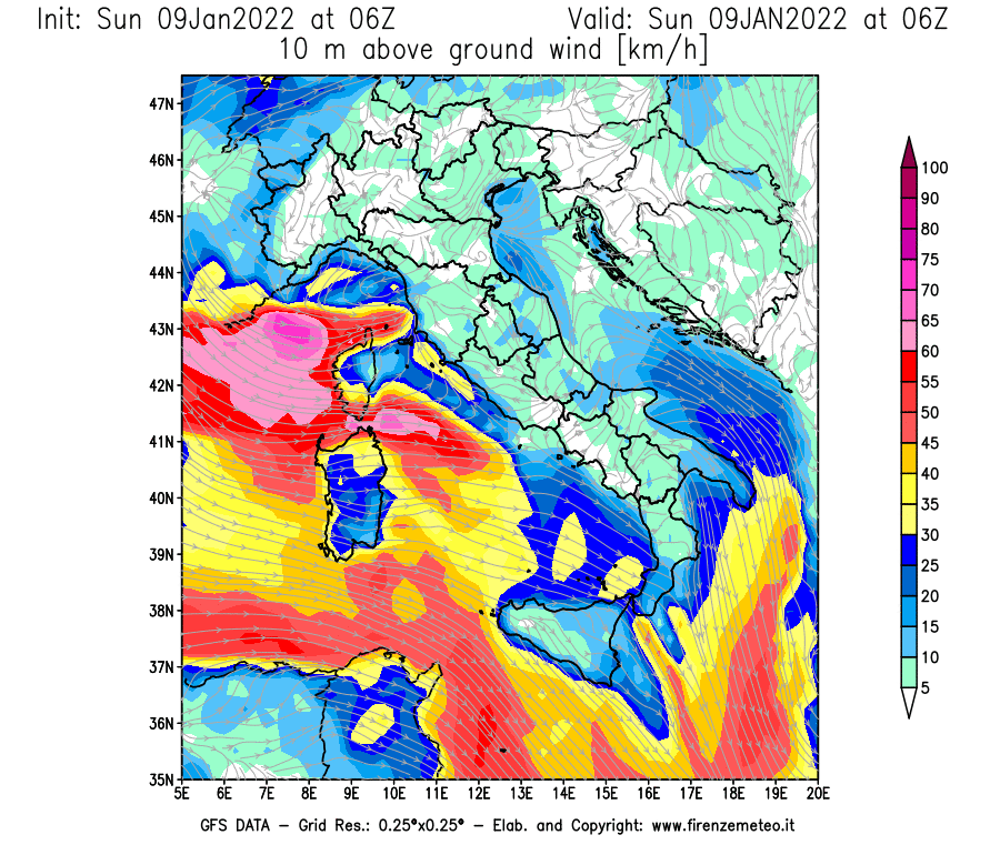 Mappa di analisi GFS - Velocità del vento a 10 metri dal suolo [km/h] in Italia
							del 09/01/2022 06 <!--googleoff: index-->UTC<!--googleon: index-->