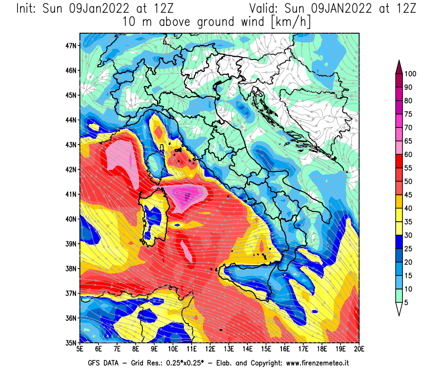 Mappa di analisi GFS - Velocità del vento a 10 metri dal suolo [km/h] in Italia
							del 09/01/2022 12 <!--googleoff: index-->UTC<!--googleon: index-->