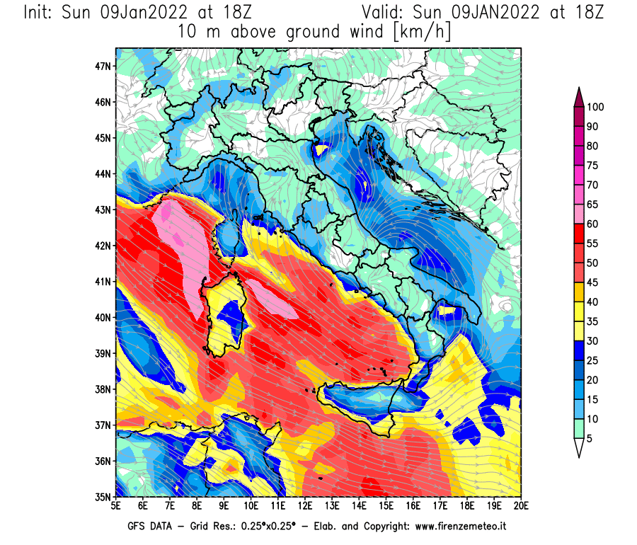 Mappa di analisi GFS - Velocità del vento a 10 metri dal suolo [km/h] in Italia
							del 09/01/2022 18 <!--googleoff: index-->UTC<!--googleon: index-->