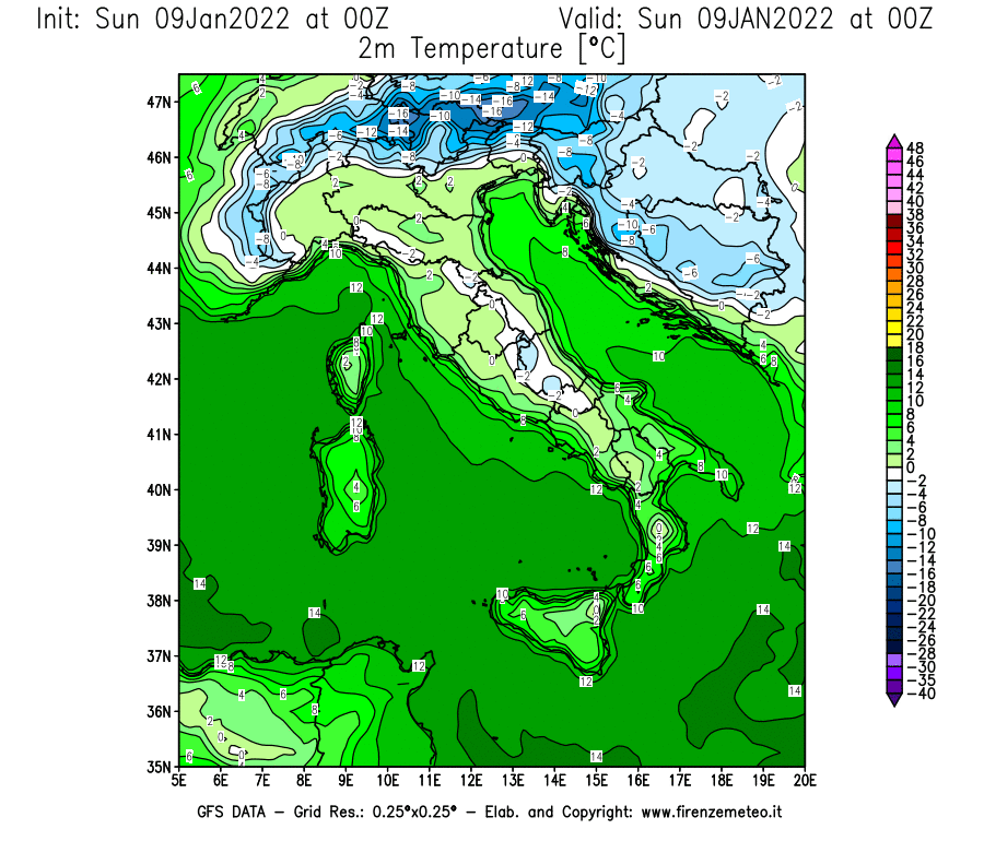 Mappa di analisi GFS - Temperatura a 2 metri dal suolo [°C] in Italia
							del 09/01/2022 00 <!--googleoff: index-->UTC<!--googleon: index-->