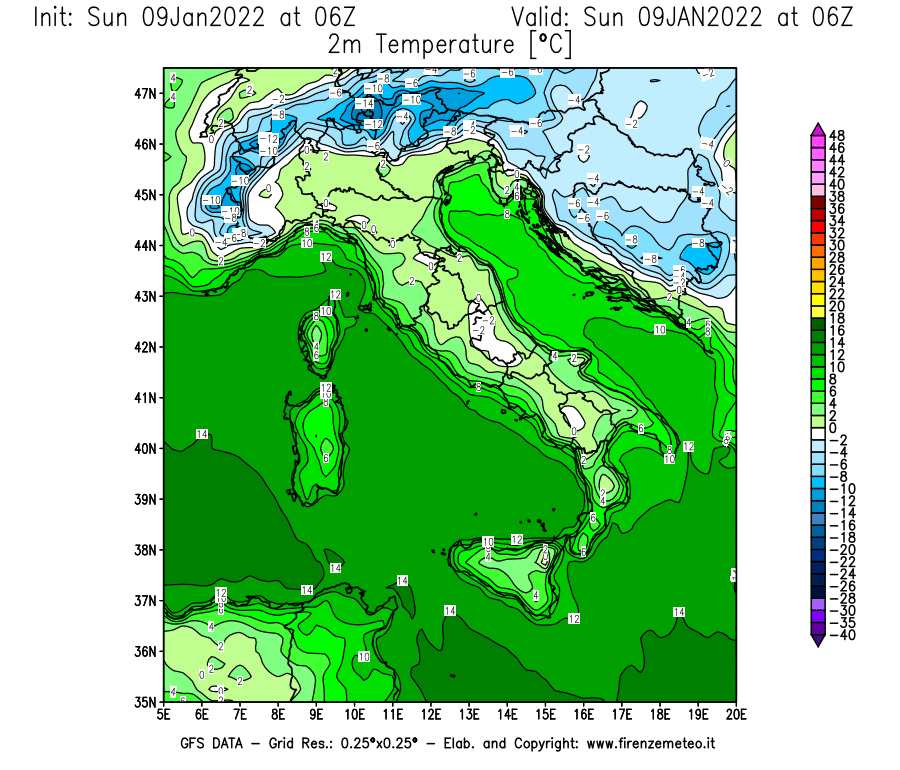 Mappa di analisi GFS - Temperatura a 2 metri dal suolo [°C] in Italia
							del 09/01/2022 06 <!--googleoff: index-->UTC<!--googleon: index-->