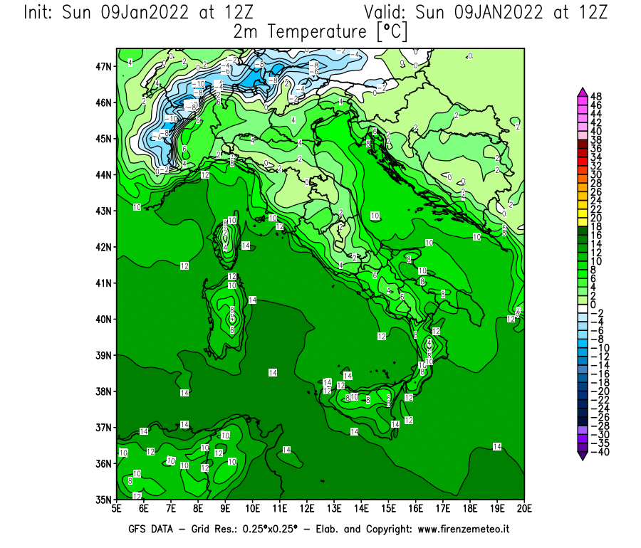 Mappa di analisi GFS - Temperatura a 2 metri dal suolo [°C] in Italia
							del 09/01/2022 12 <!--googleoff: index-->UTC<!--googleon: index-->