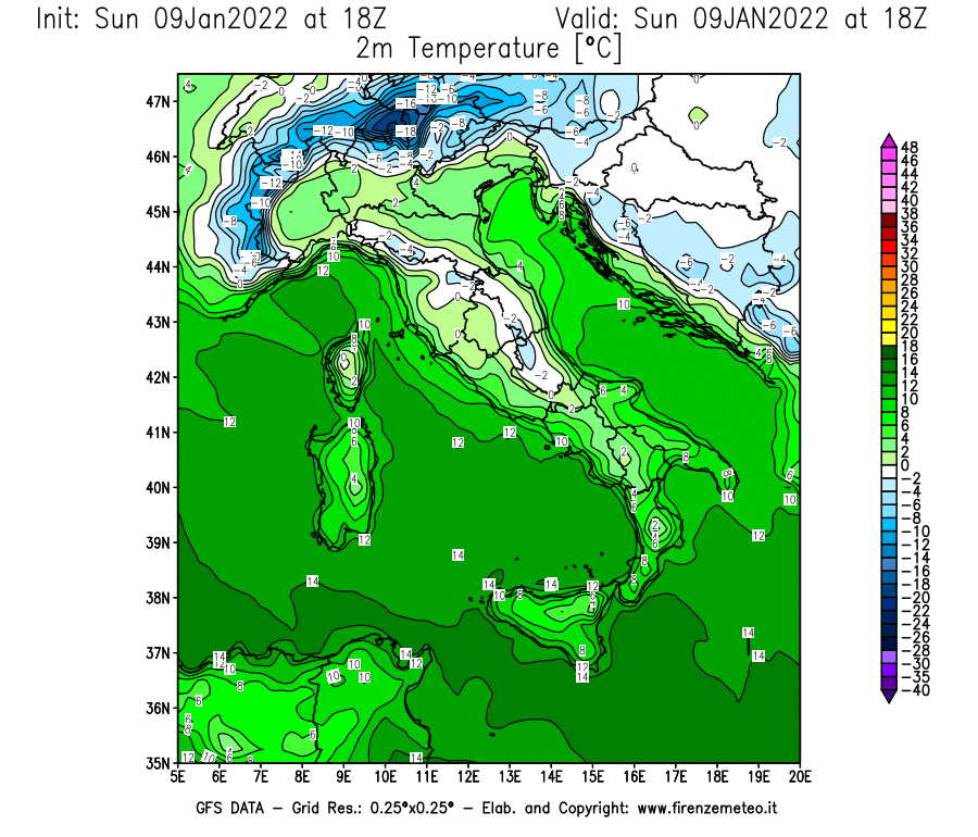 Mappa di analisi GFS - Temperatura a 2 metri dal suolo [°C] in Italia
							del 09/01/2022 18 <!--googleoff: index-->UTC<!--googleon: index-->