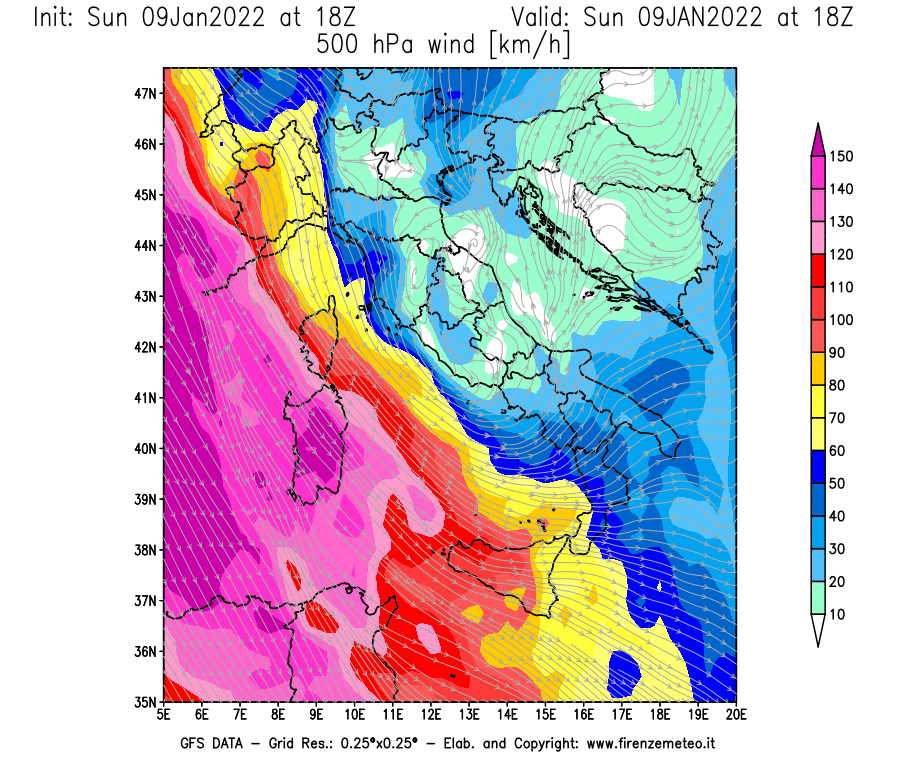 Mappa di analisi GFS - Velocità del vento a 500 hPa [km/h] in Italia
							del 09/01/2022 18 <!--googleoff: index-->UTC<!--googleon: index-->