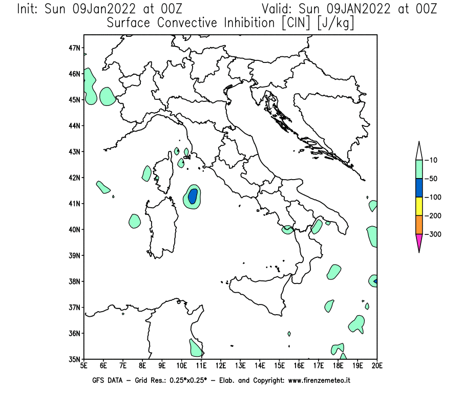 Mappa di analisi GFS - CIN [J/kg] in Italia
							del 09/01/2022 00 <!--googleoff: index-->UTC<!--googleon: index-->