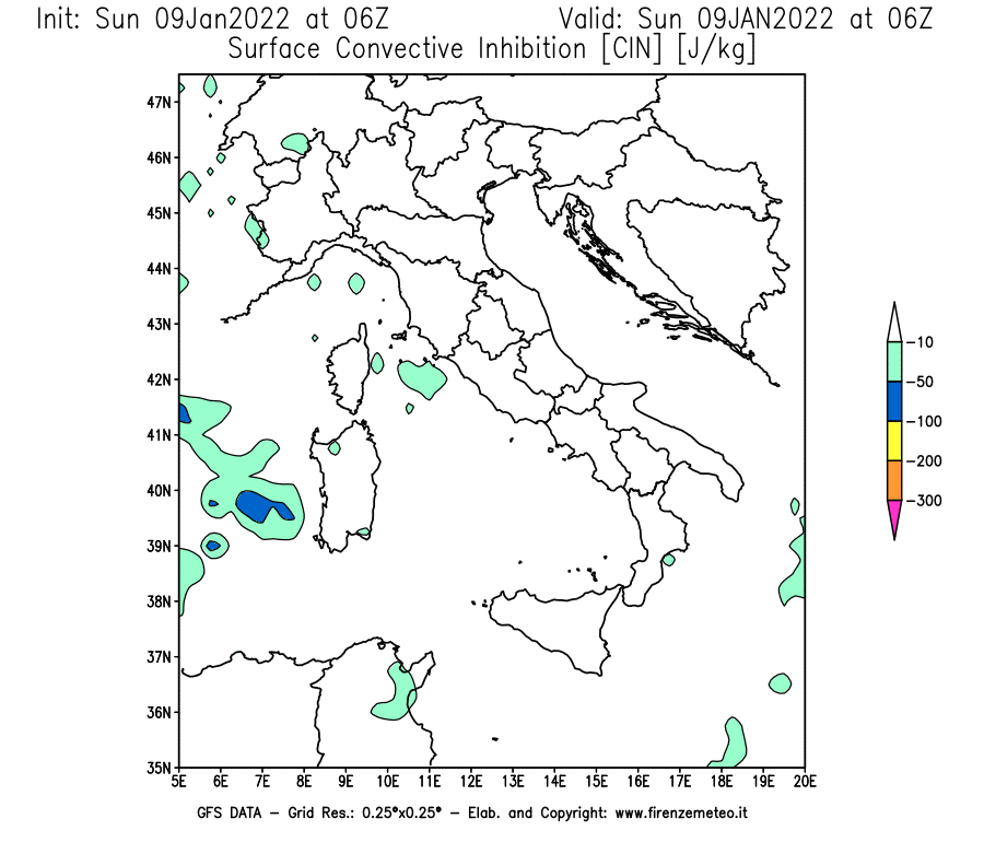 Mappa di analisi GFS - CIN [J/kg] in Italia
							del 09/01/2022 06 <!--googleoff: index-->UTC<!--googleon: index-->