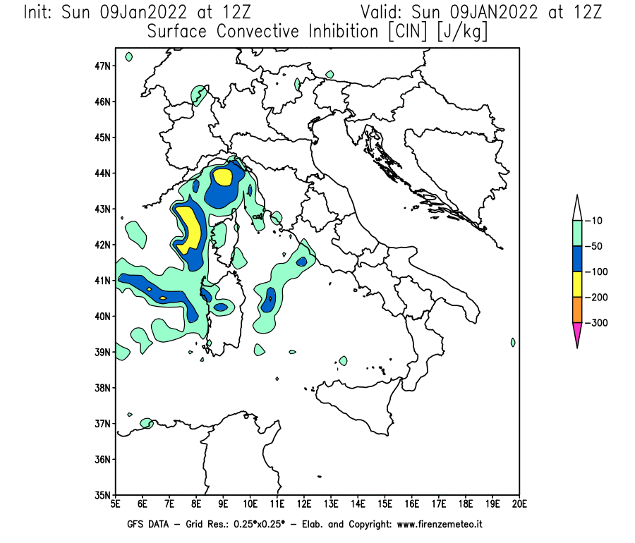 Mappa di analisi GFS - CIN [J/kg] in Italia
							del 09/01/2022 12 <!--googleoff: index-->UTC<!--googleon: index-->