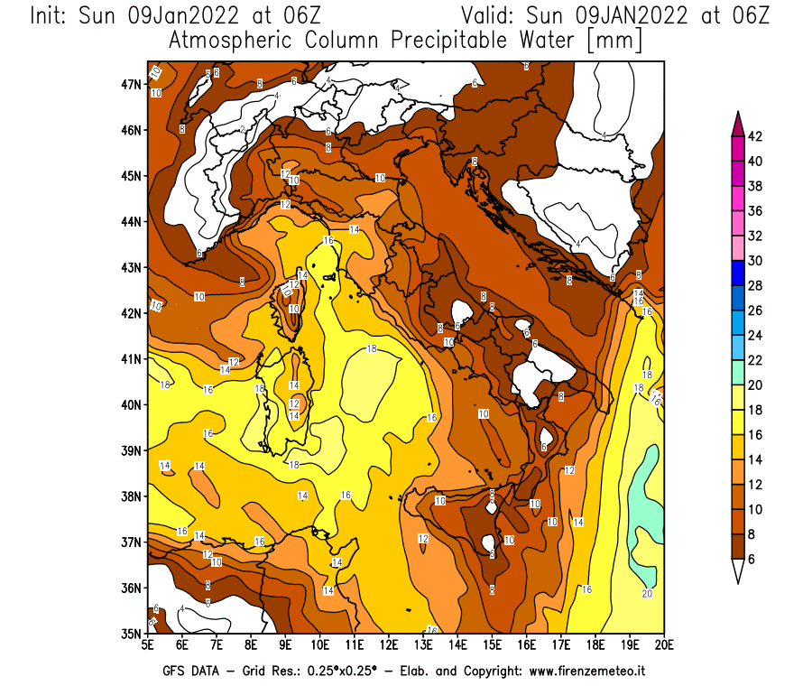 Mappa di analisi GFS - Precipitable Water [mm] in Italia
							del 09/01/2022 06 <!--googleoff: index-->UTC<!--googleon: index-->