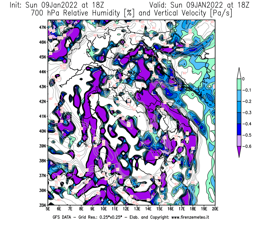 Mappa di analisi GFS - Umidità relativa [%] e Omega [Pa/s] a 700 hPa in Italia
							del 09/01/2022 18 <!--googleoff: index-->UTC<!--googleon: index-->